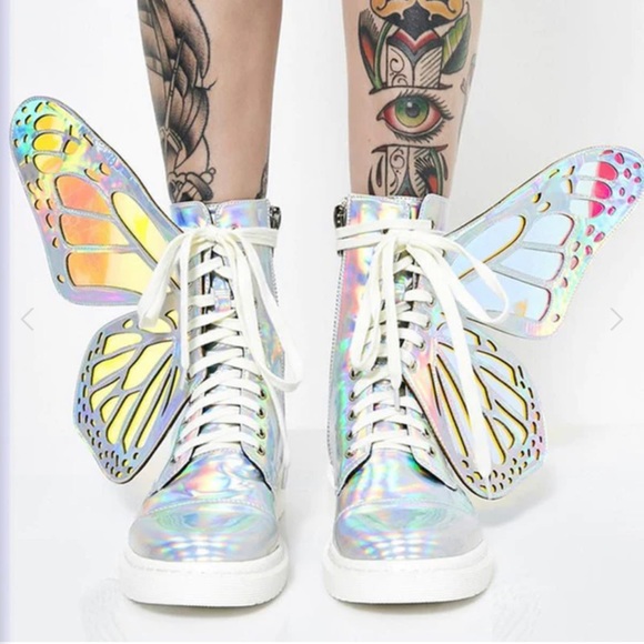 Silver Holographic Metamorphic Butterfly Boots with Wings - Club Exx - Picture 2 of 10